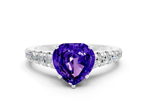 White gold Heart Cut Tanzanite Solitaire Ring with Cathedral Setting and Pavé Band