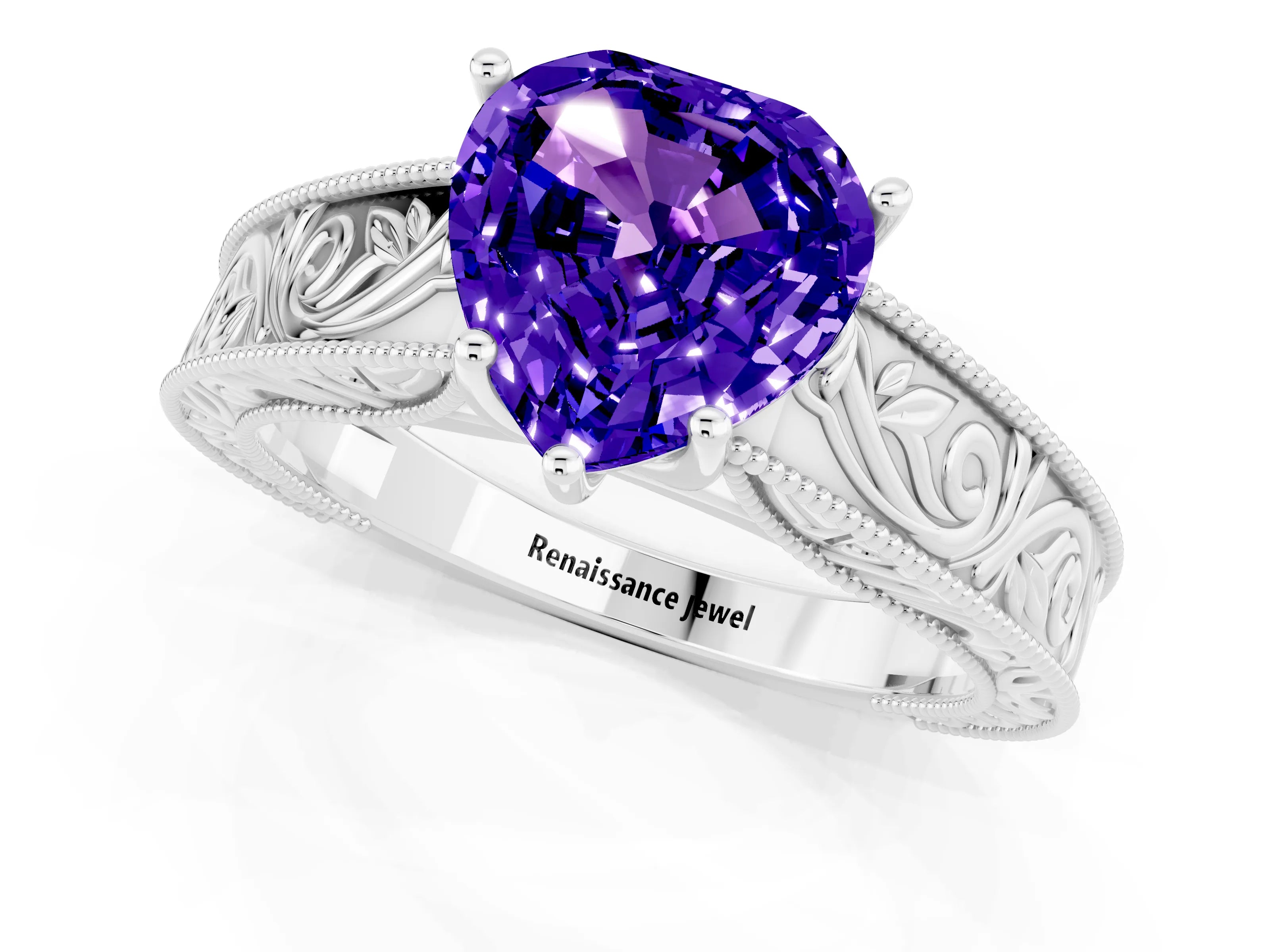 White gold Heart Cut Tanzanite Solitaire Ring with Engraved Band and Four-Prong Setting_1