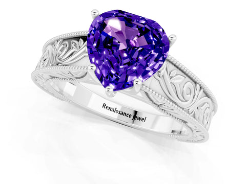 White gold Heart Cut Tanzanite Solitaire Ring with Engraved Band and Four-Prong Setting_1