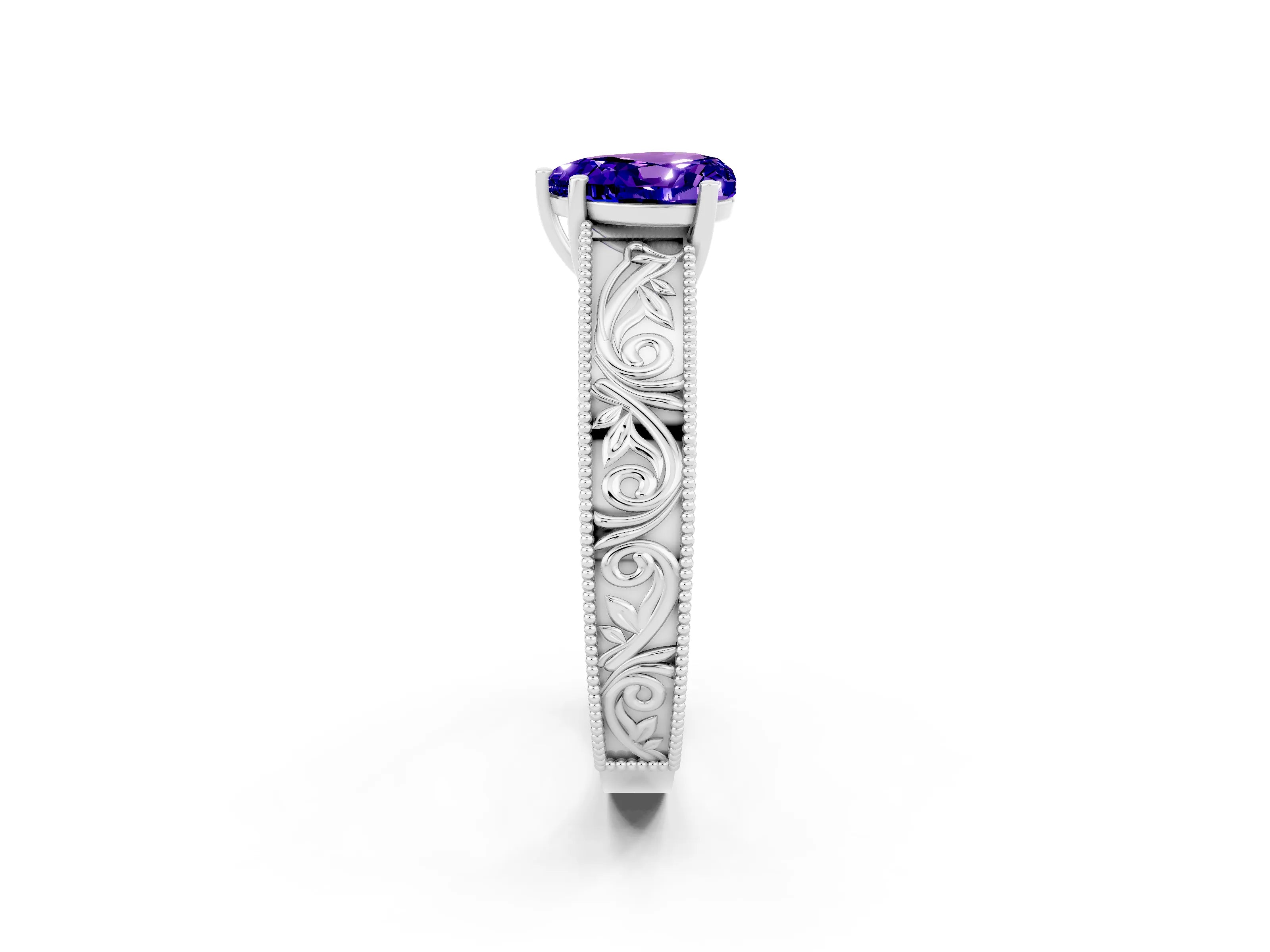 White gold Heart Cut Tanzanite Solitaire Ring with Engraved Band and Four-Prong Setting_2