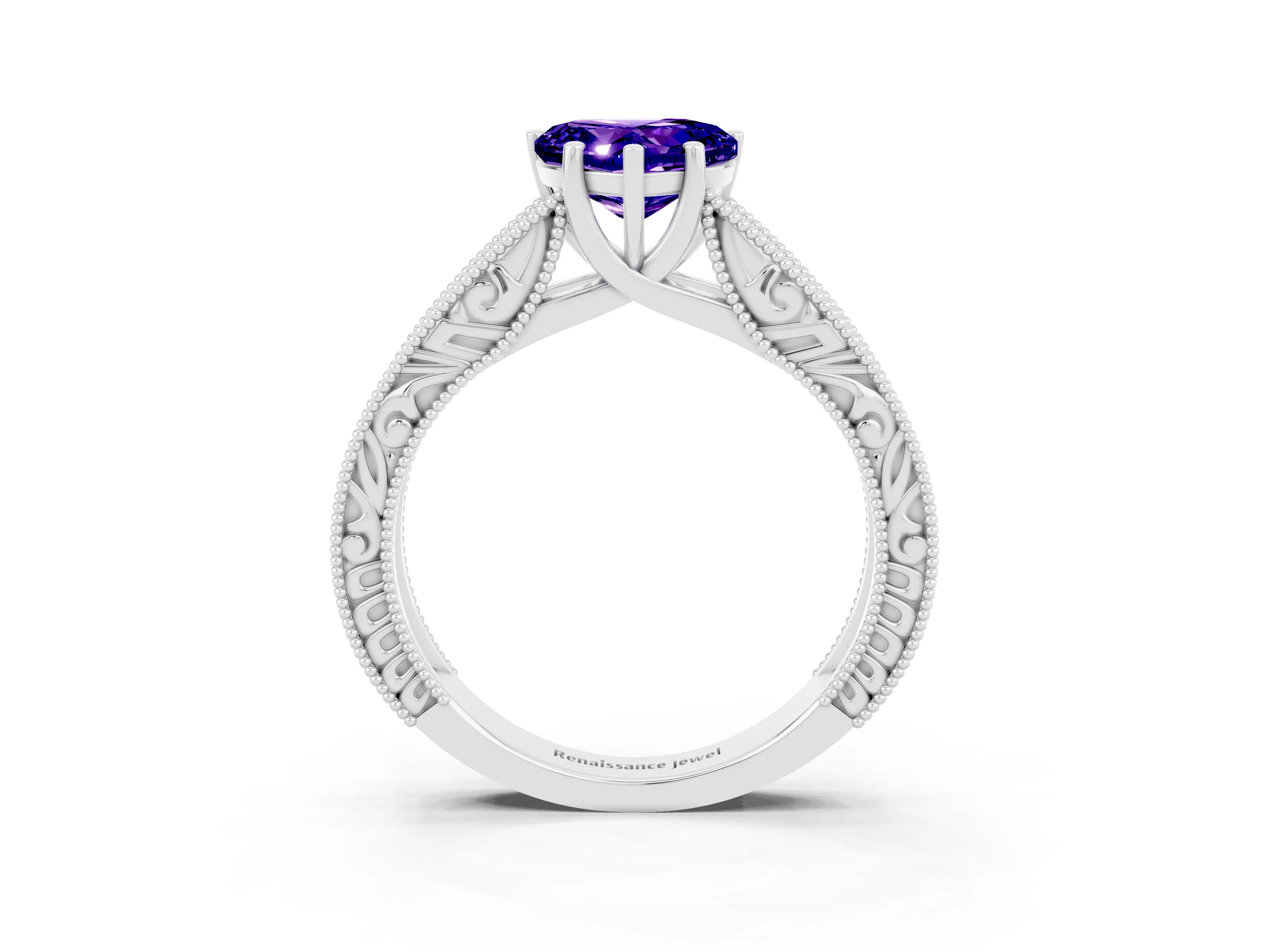White gold Heart Cut Tanzanite Solitaire Ring with Engraved Band and Four-Prong Setting_3