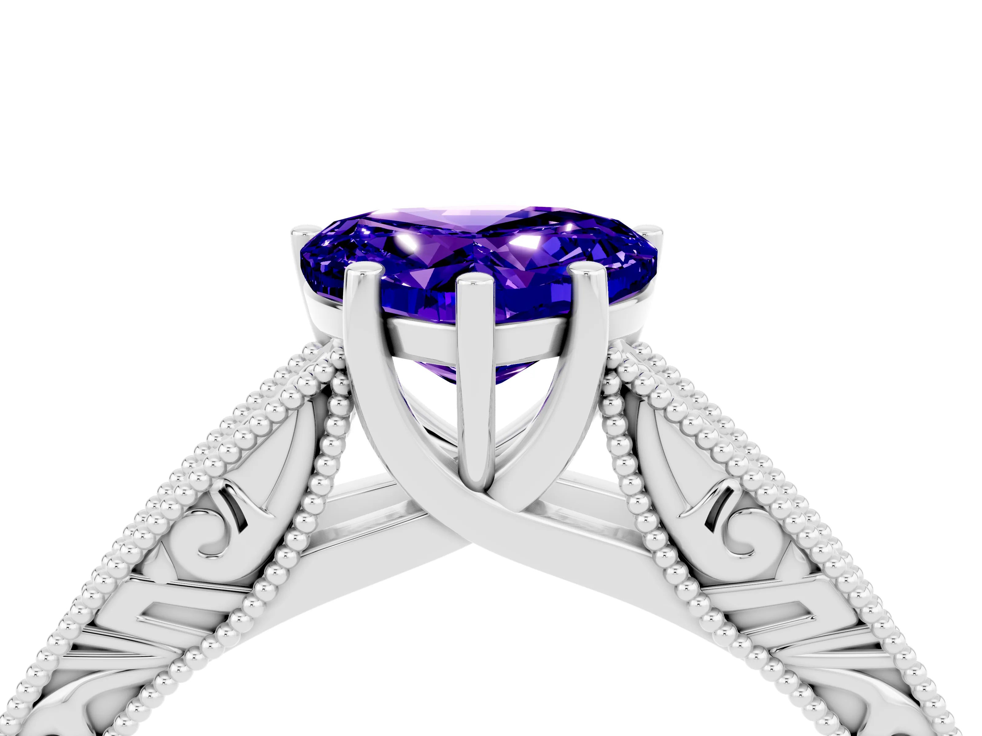 White gold Heart Cut Tanzanite Solitaire Ring with Engraved Band and Four-Prong Setting_4