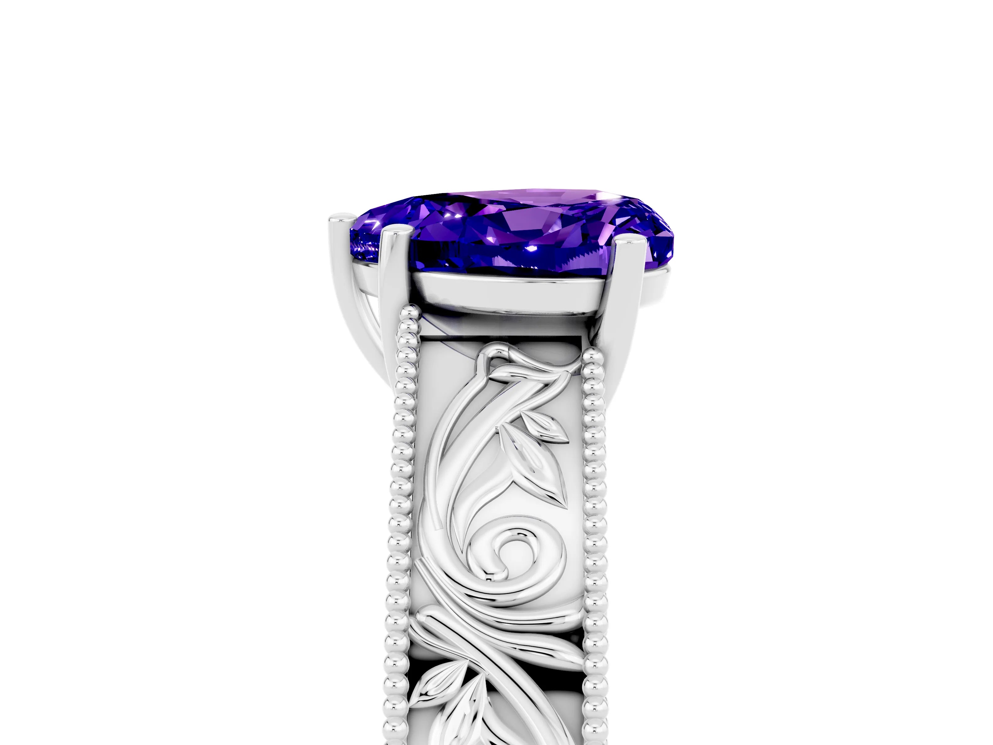 White gold Heart Cut Tanzanite Solitaire Ring with Engraved Band and Four-Prong Setting_5