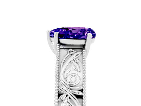 White gold Heart Cut Tanzanite Solitaire Ring with Engraved Band and Four-Prong Setting_5