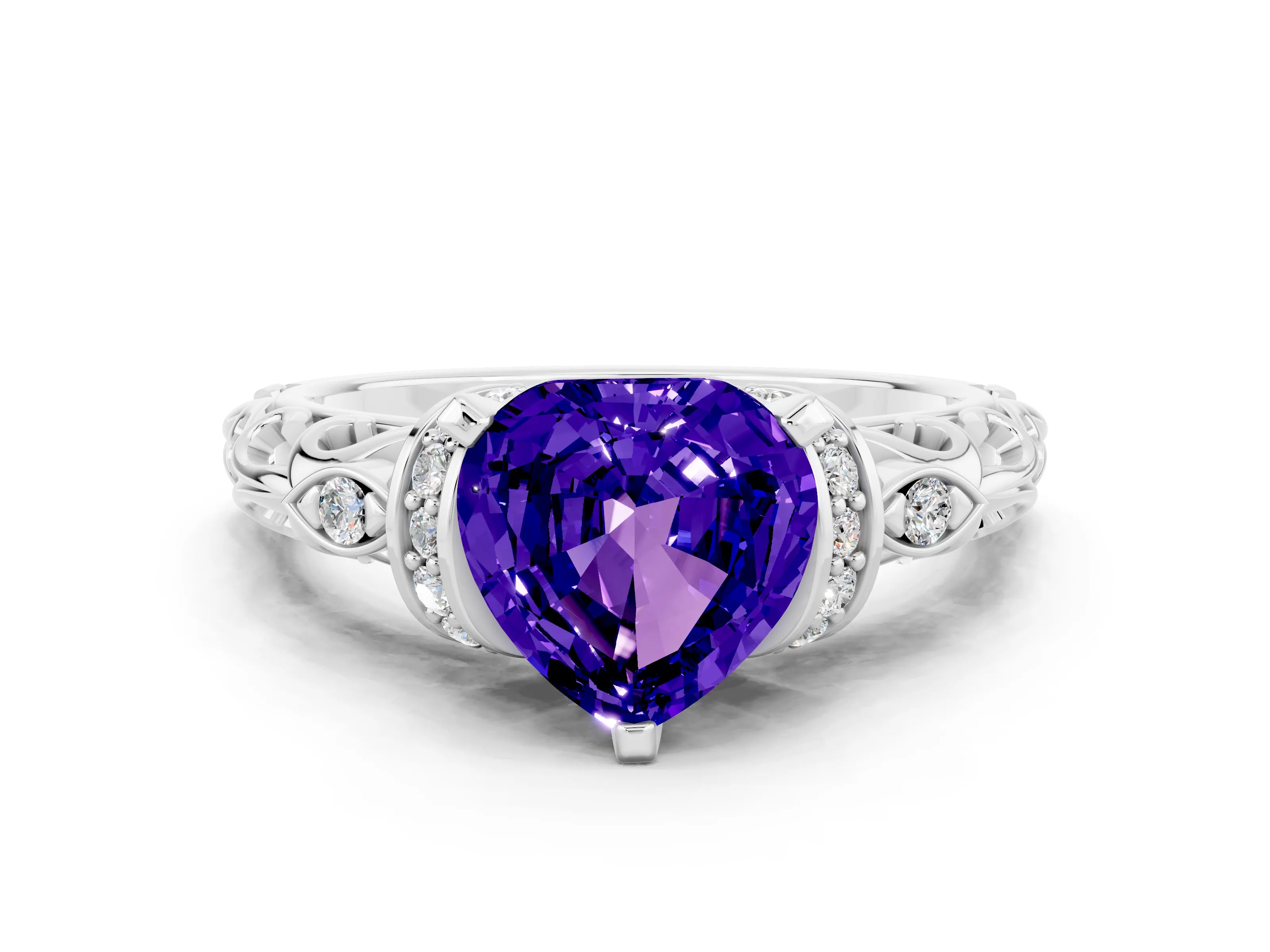 White gold Heart Cut Tanzanite Solitaire Ring with Filigree Band and Four-Prong Setting_24