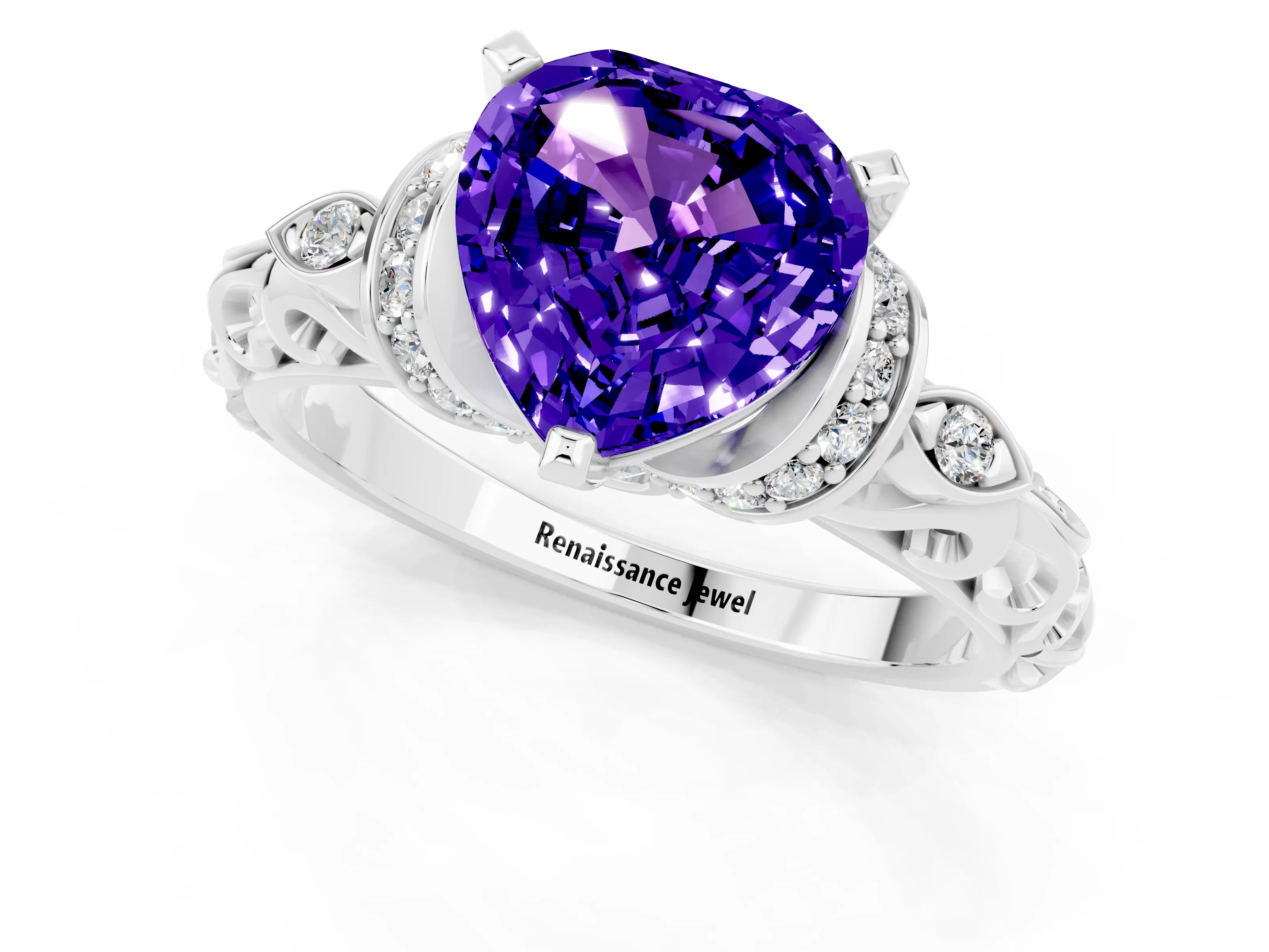 White gold Heart Cut Tanzanite Solitaire Ring with Filigree Band and Four-Prong Setting_25