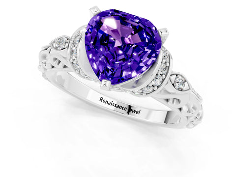 White gold Heart Cut Tanzanite Solitaire Ring with Filigree Band and Four-Prong Setting_25