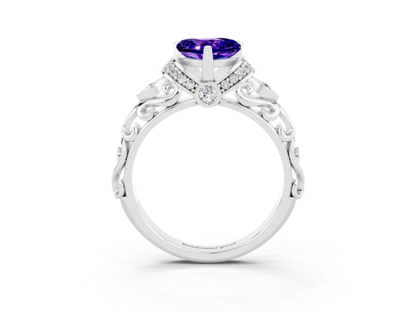 White gold Heart Cut Tanzanite Solitaire Ring with Filigree Band and Four-Prong Setting