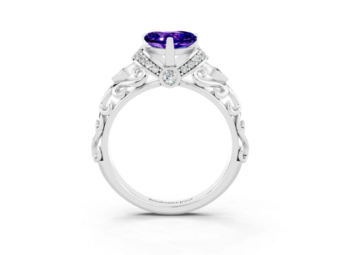 White gold Heart Cut Tanzanite Solitaire Ring with Filigree Band and Four-Prong Setting_27