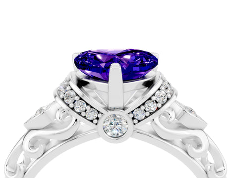 White gold Heart Cut Tanzanite Solitaire Ring with Filigree Band and Four-Prong Setting_28