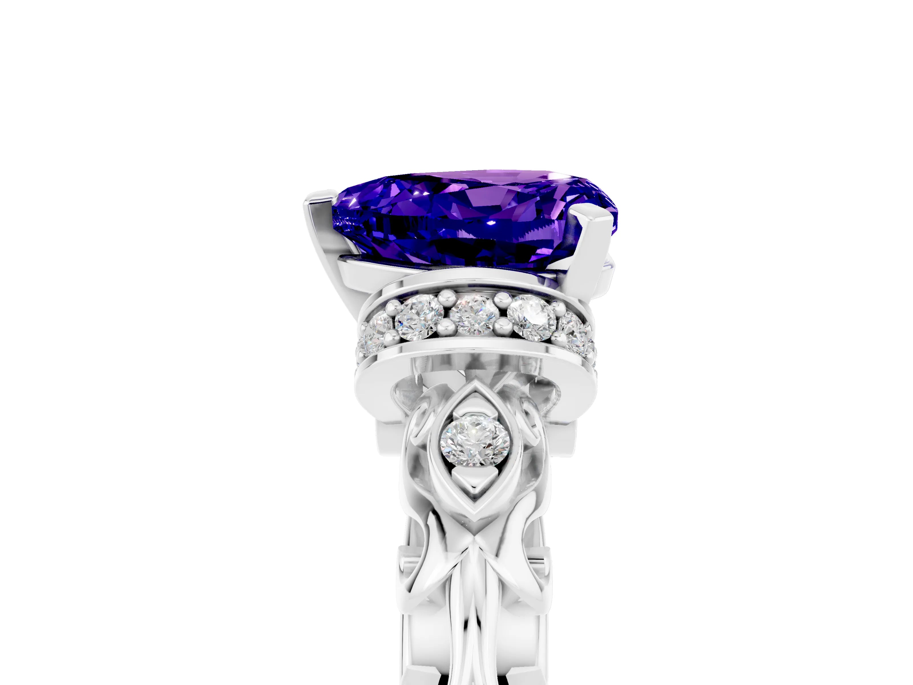 White gold Heart Cut Tanzanite Solitaire Ring with Filigree Band and Four-Prong Setting_29