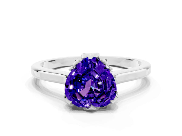 White gold Heart Cut Tanzanite Solitaire Ring with Flower Prong Setting and Classic Band