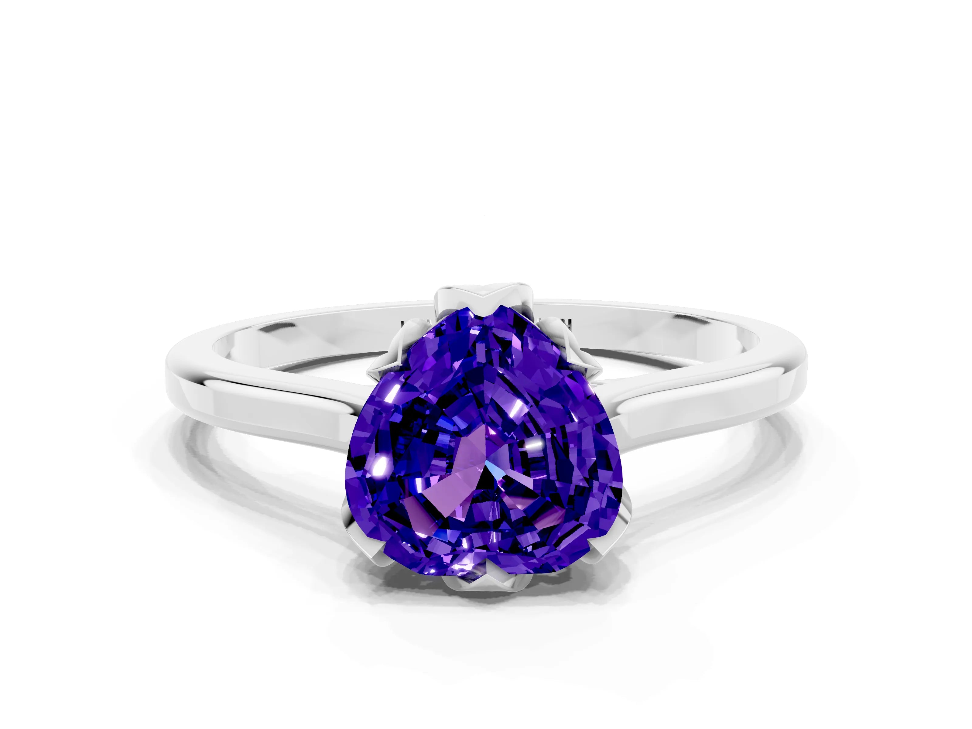 White gold Heart Cut Tanzanite Solitaire Ring with Flower Prong Setting and Classic Band_12