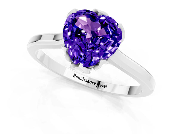 Platinum Heart Cut Tanzanite Solitaire Ring with Flower Prong Setting and Classic Band