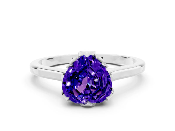 White gold Heart Cut Tanzanite Solitaire Ring with Flower Prong Setting and Classic Band