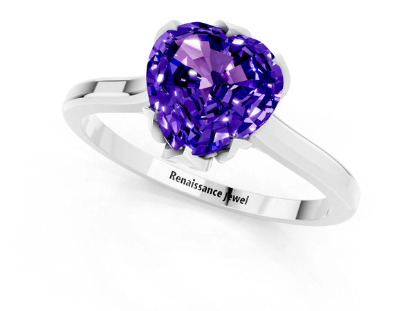 White gold Heart Cut Tanzanite Solitaire Ring with Flower Prong Setting and Classic Band