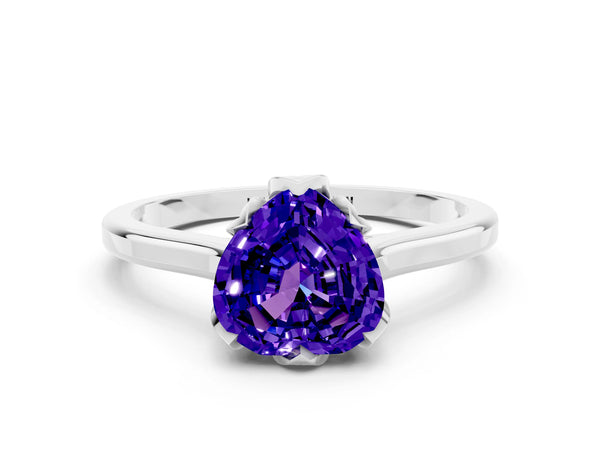 White gold Heart Cut Tanzanite Solitaire Ring with Flower Prong Setting and Classic Band