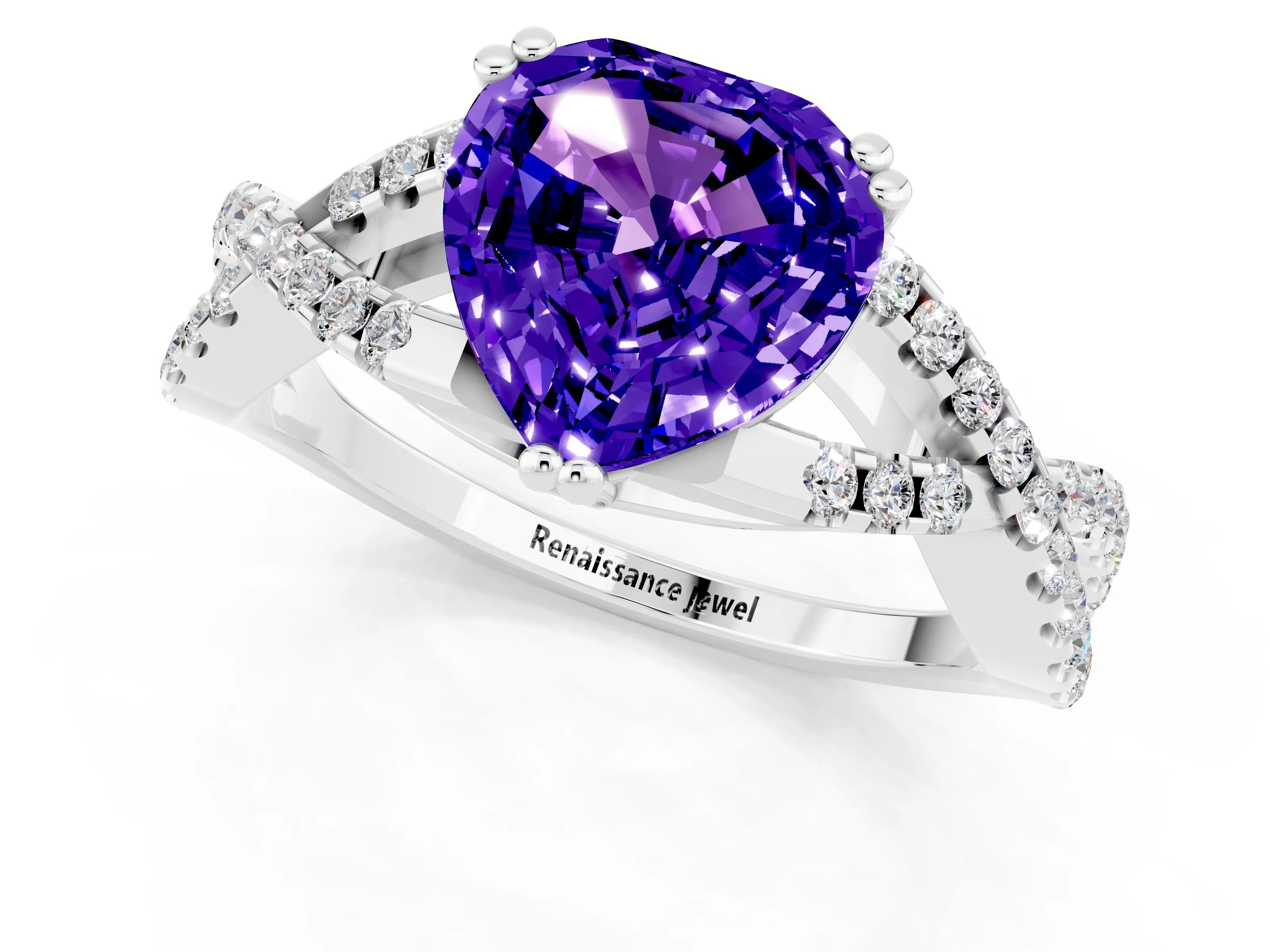 White gold Heart Cut Tanzanite Solitaire Ring with Four-Prong Setting and Twisted Pavé Band_1