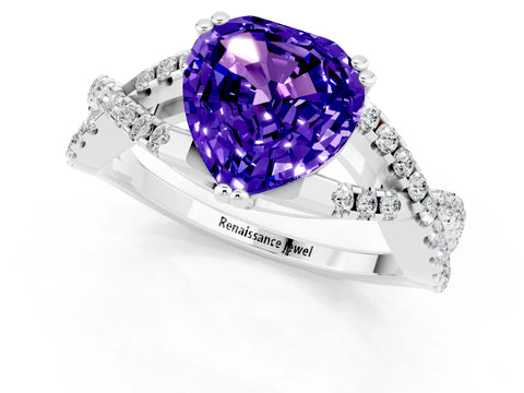 White gold Heart Cut Tanzanite Solitaire Ring with Four-Prong Setting and Twisted Pavé Band_1