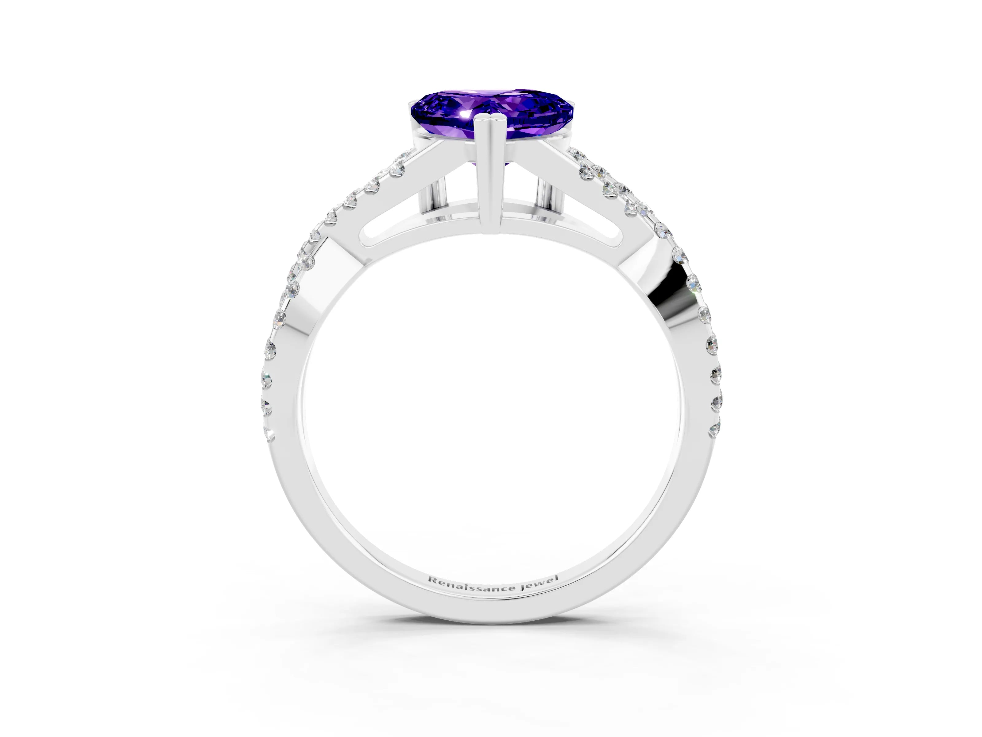 White gold Heart Cut Tanzanite Solitaire Ring with Four-Prong Setting and Twisted Pavé Band_3
