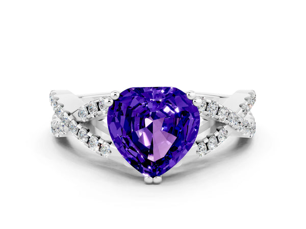 White gold Heart Cut Tanzanite Solitaire Ring with Four-Prong Setting and Twisted Pavé Band