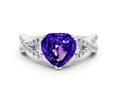 White gold Heart Cut Tanzanite Solitaire Ring with Four-Prong Setting and Twisted Pavé Band