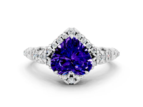 White gold Heart Cut Tanzanite Solitaire Ring with Hidden Halo and Pavé Band_12
