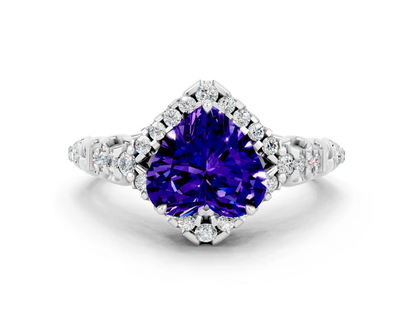Silver Heart Cut Tanzanite Solitaire Ring with Hidden Halo and Pavé Band