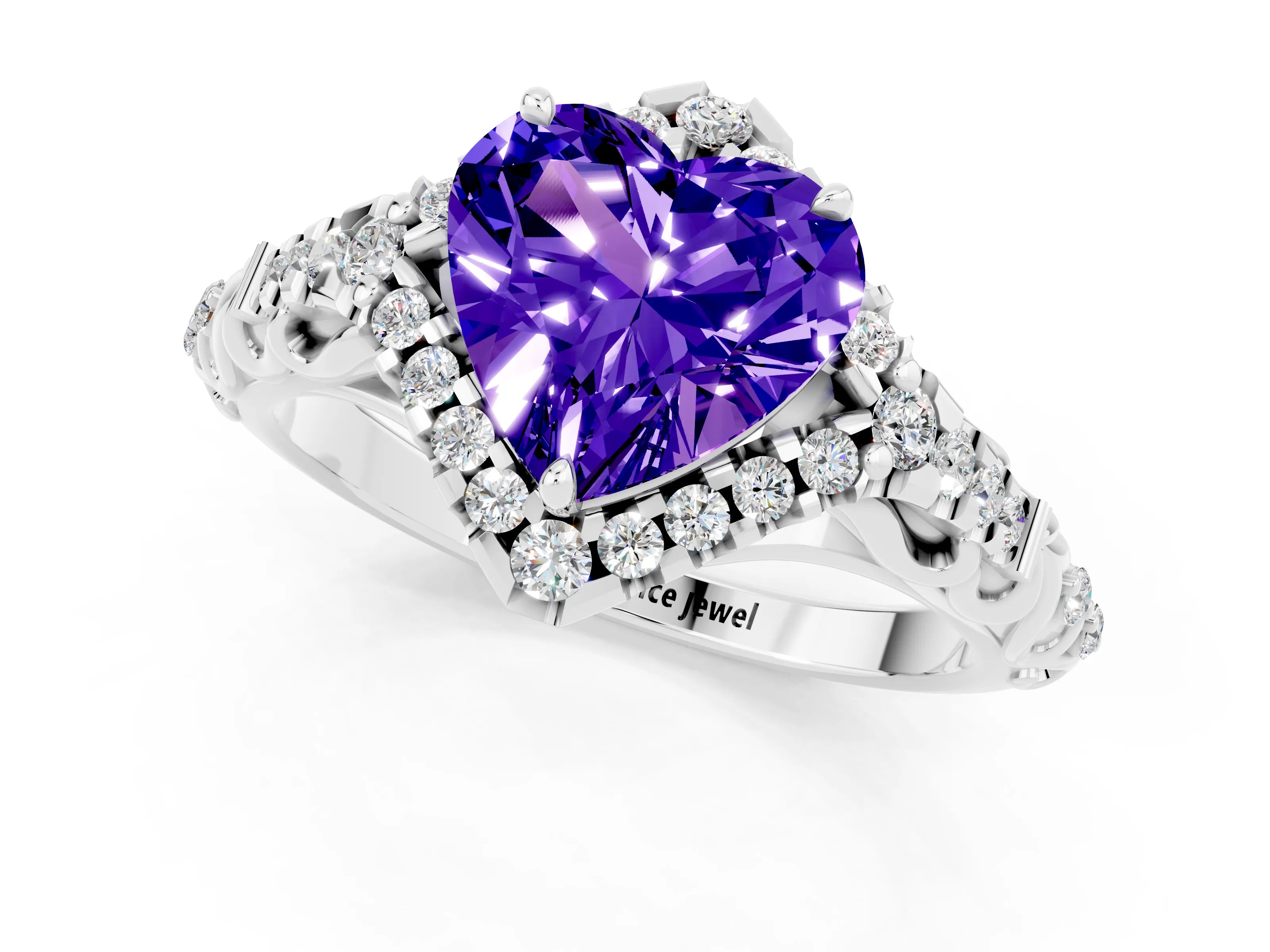White gold Heart Cut Tanzanite Solitaire Ring with Hidden Halo and Pavé Band_13