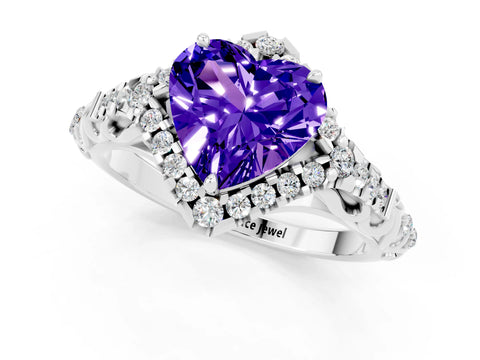 White gold Heart Cut Tanzanite Solitaire Ring with Hidden Halo and Pavé Band_13