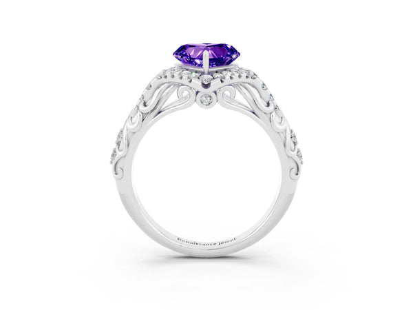 Platinum Heart Cut Tanzanite Solitaire Ring with Hidden Halo and Pavé Band