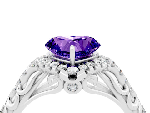 White gold Heart Cut Tanzanite Solitaire Ring with Hidden Halo and Pavé Band_16