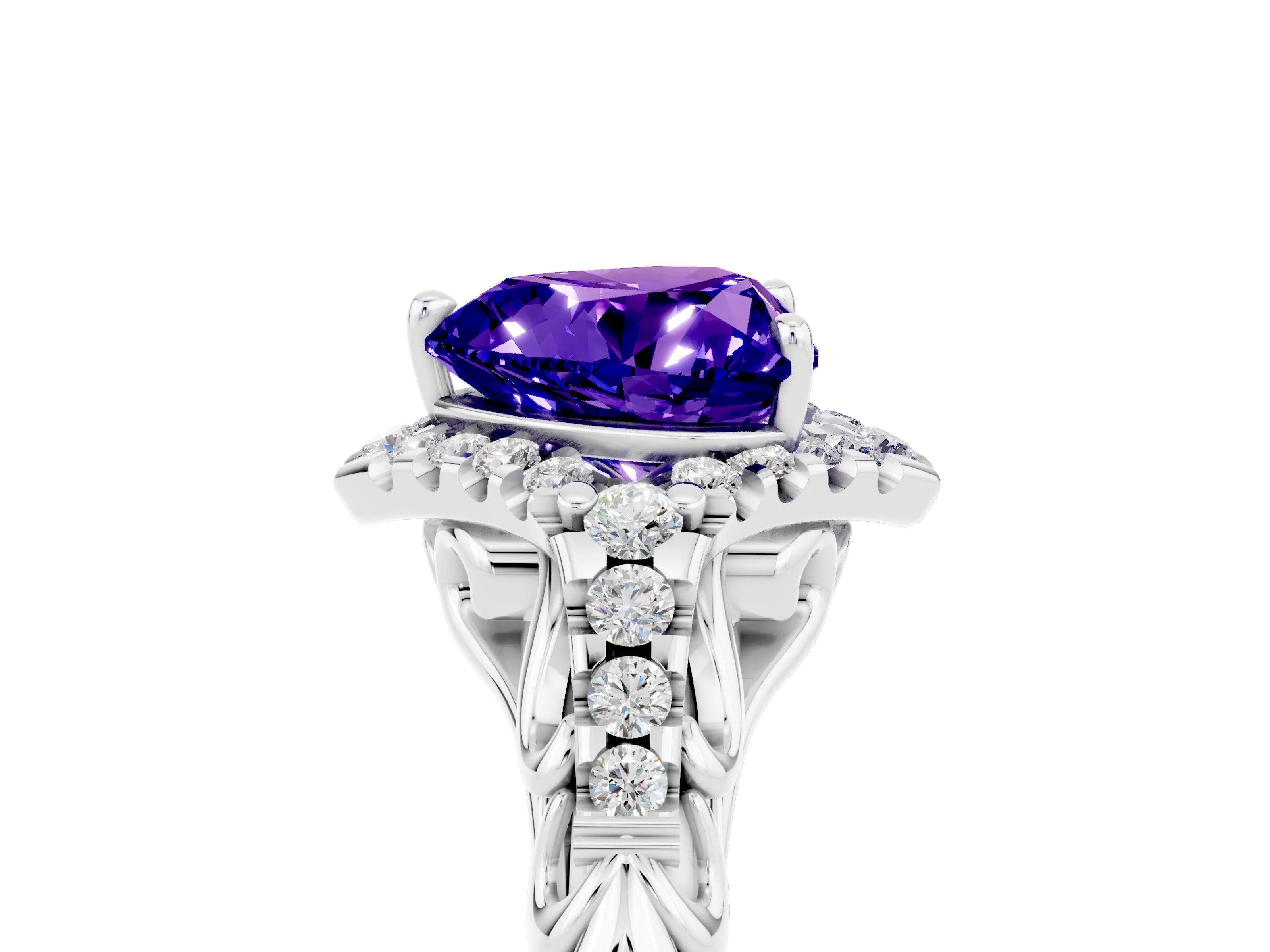 White gold Heart Cut Tanzanite Solitaire Ring with Hidden Halo and Pavé Band_17