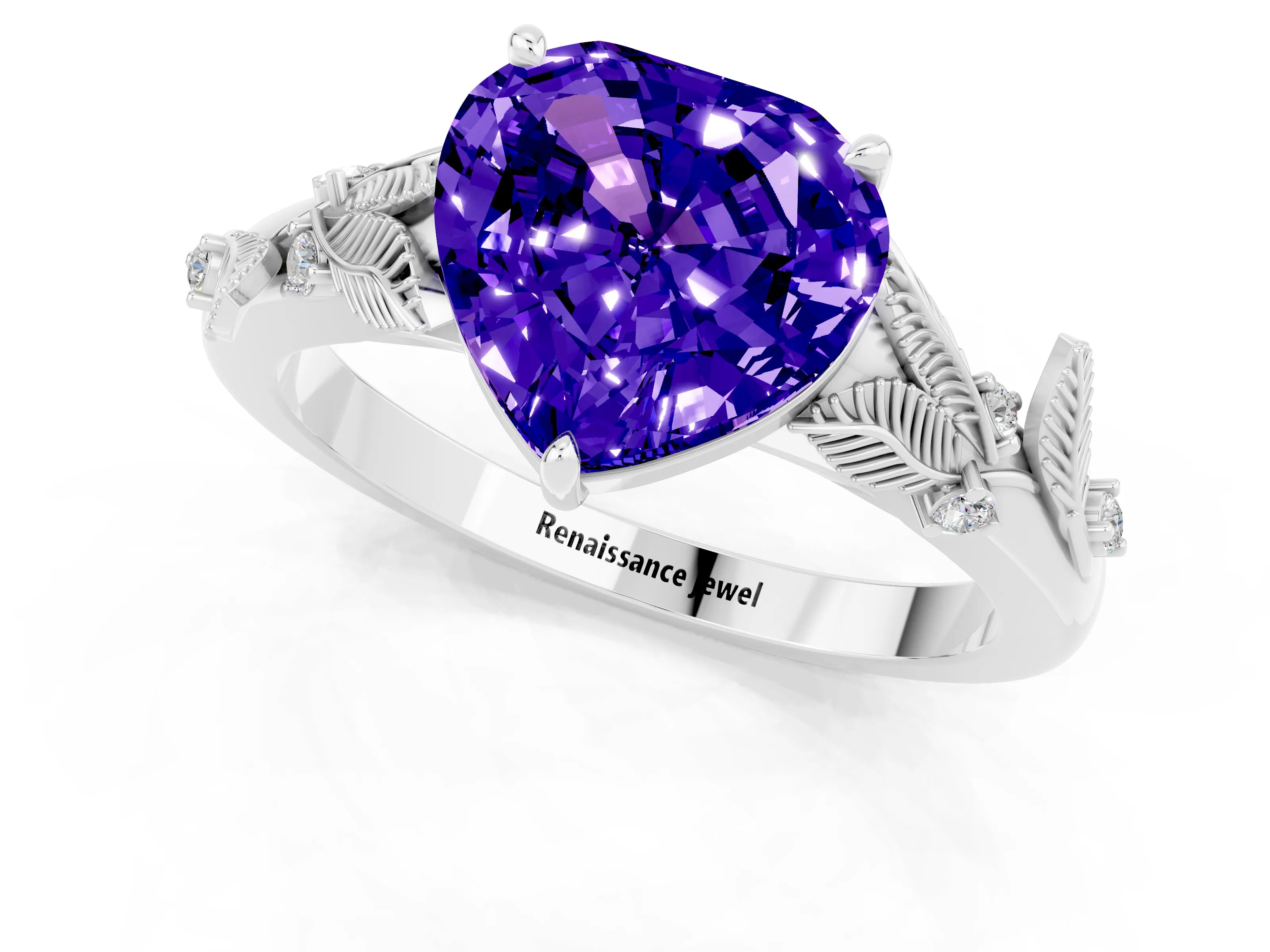 White gold Heart Cut Tanzanite Solitaire Ring with Leaf Motif Band and Four-Prong Setting_1