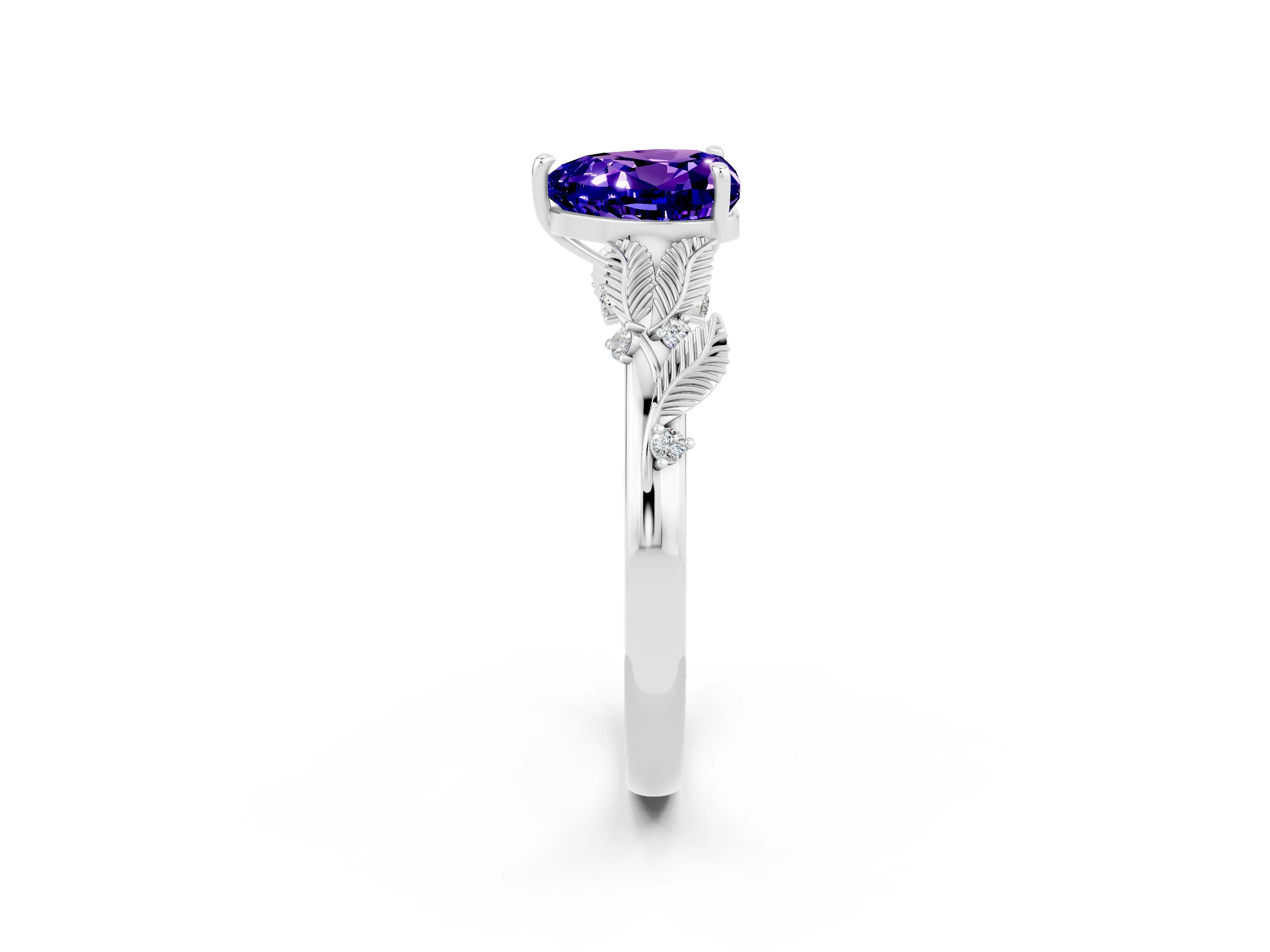 White gold Heart Cut Tanzanite Solitaire Ring with Leaf Motif Band and Four-Prong Setting_14