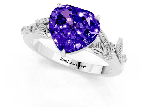 White gold Heart Cut Tanzanite Solitaire Ring with Leaf Motif Band and Four-Prong Setting_1
