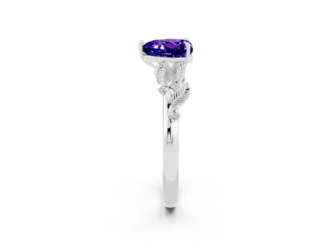 White gold Heart Cut Tanzanite Solitaire Ring with Leaf Motif Band and Four-Prong Setting_2