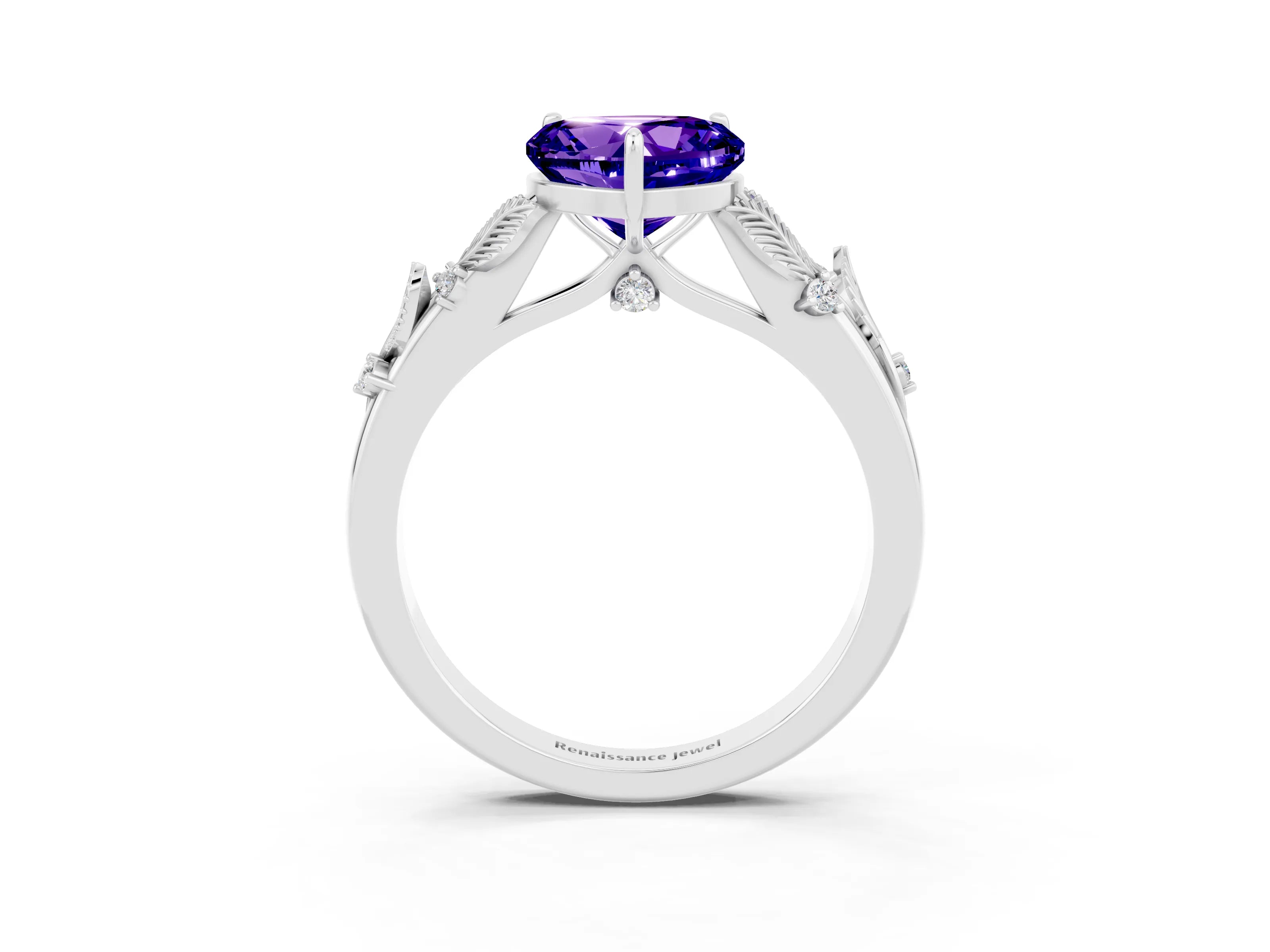 White gold Heart Cut Tanzanite Solitaire Ring with Leaf Motif Band and Four-Prong Setting_3