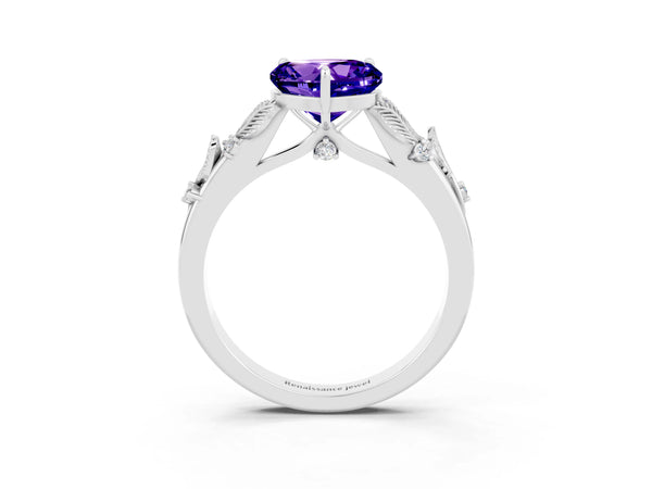 Platinum Heart Cut Tanzanite Solitaire Ring with Leaf Motif Band and Four-Prong Setting