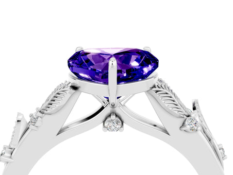 White gold Heart Cut Tanzanite Solitaire Ring with Leaf Motif Band and Four-Prong Setting_4