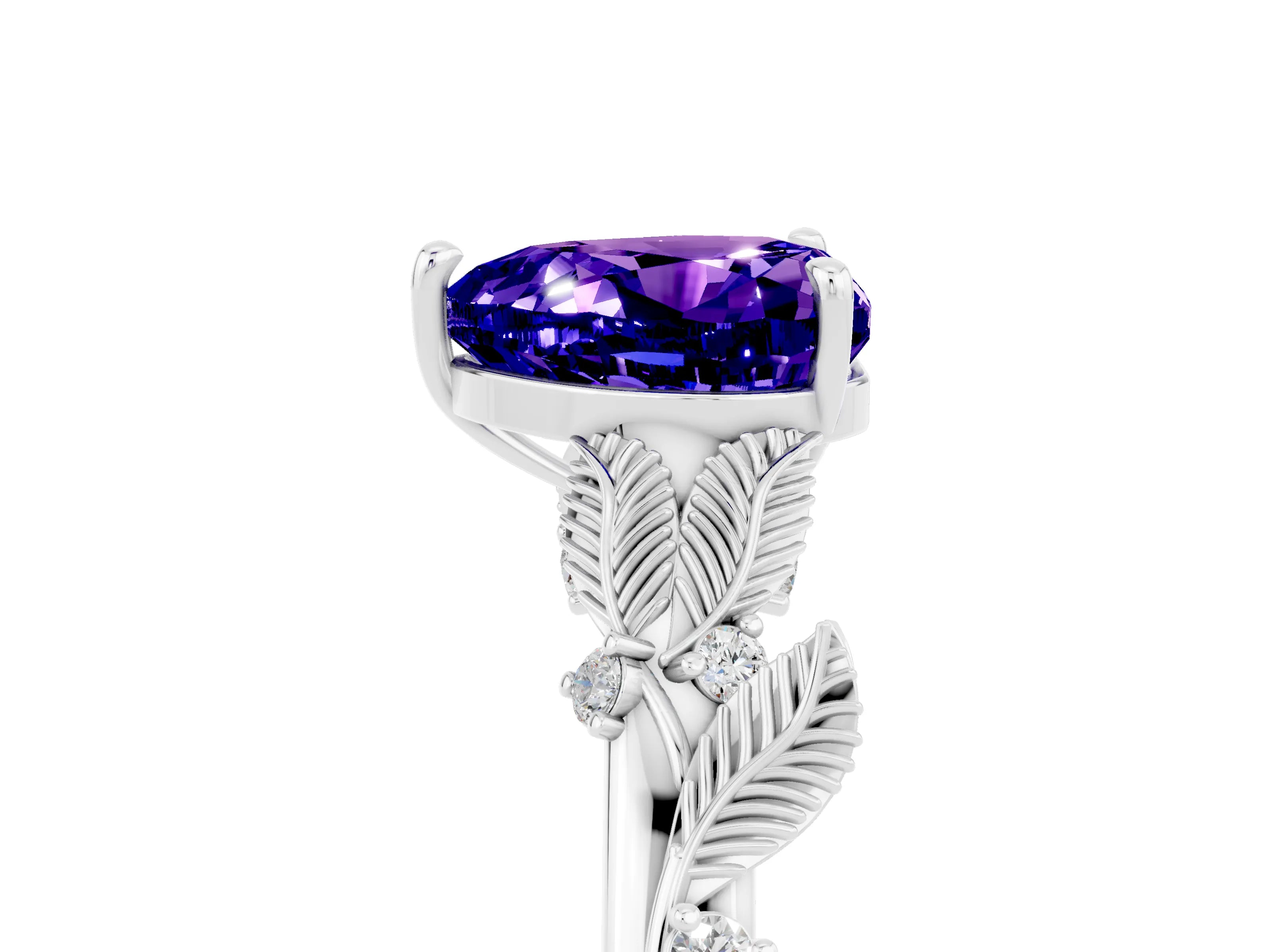 White gold Heart Cut Tanzanite Solitaire Ring with Leaf Motif Band and Four-Prong Setting_5
