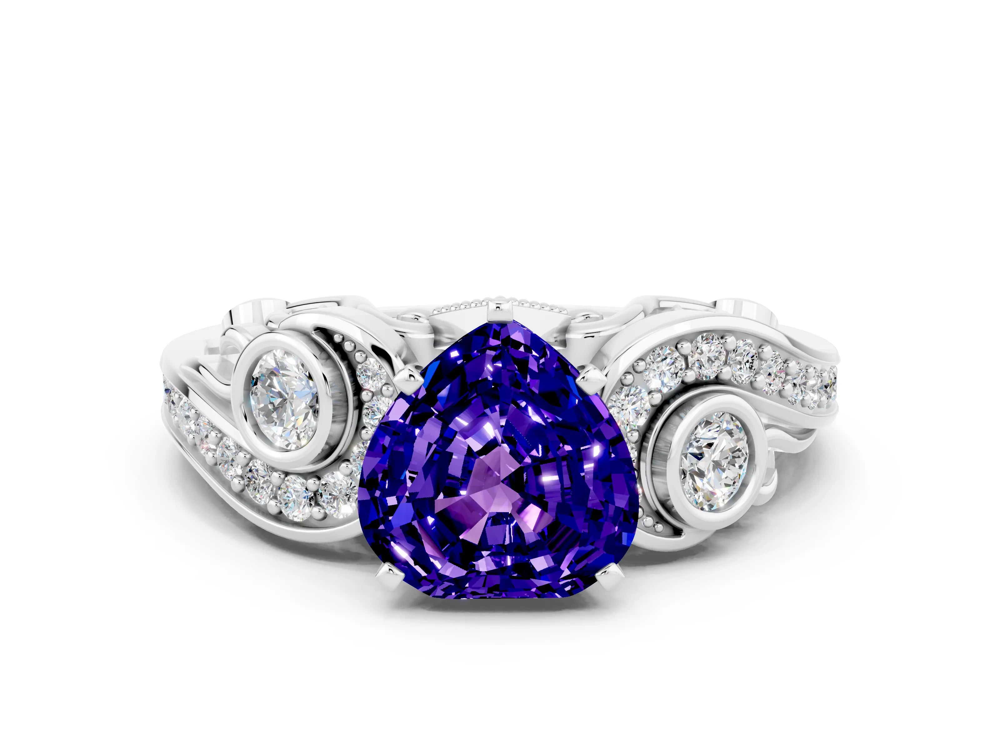 White gold Heart Cut Tanzanite Solitaire Ring with Milgrain Pavé Band and Four-Prong Setting_12