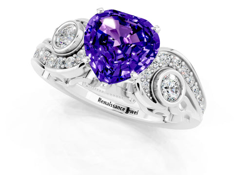 White gold Heart Cut Tanzanite Solitaire Ring with Milgrain Pavé Band and Four-Prong Setting_13
