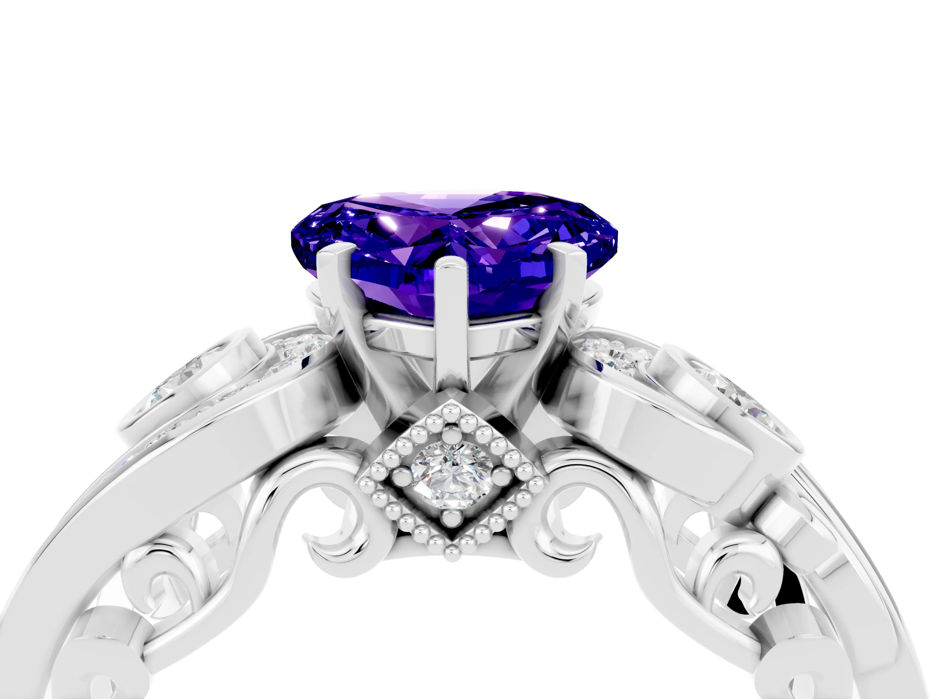 White gold Heart Cut Tanzanite Solitaire Ring with Milgrain Pavé Band and Four-Prong Setting_16