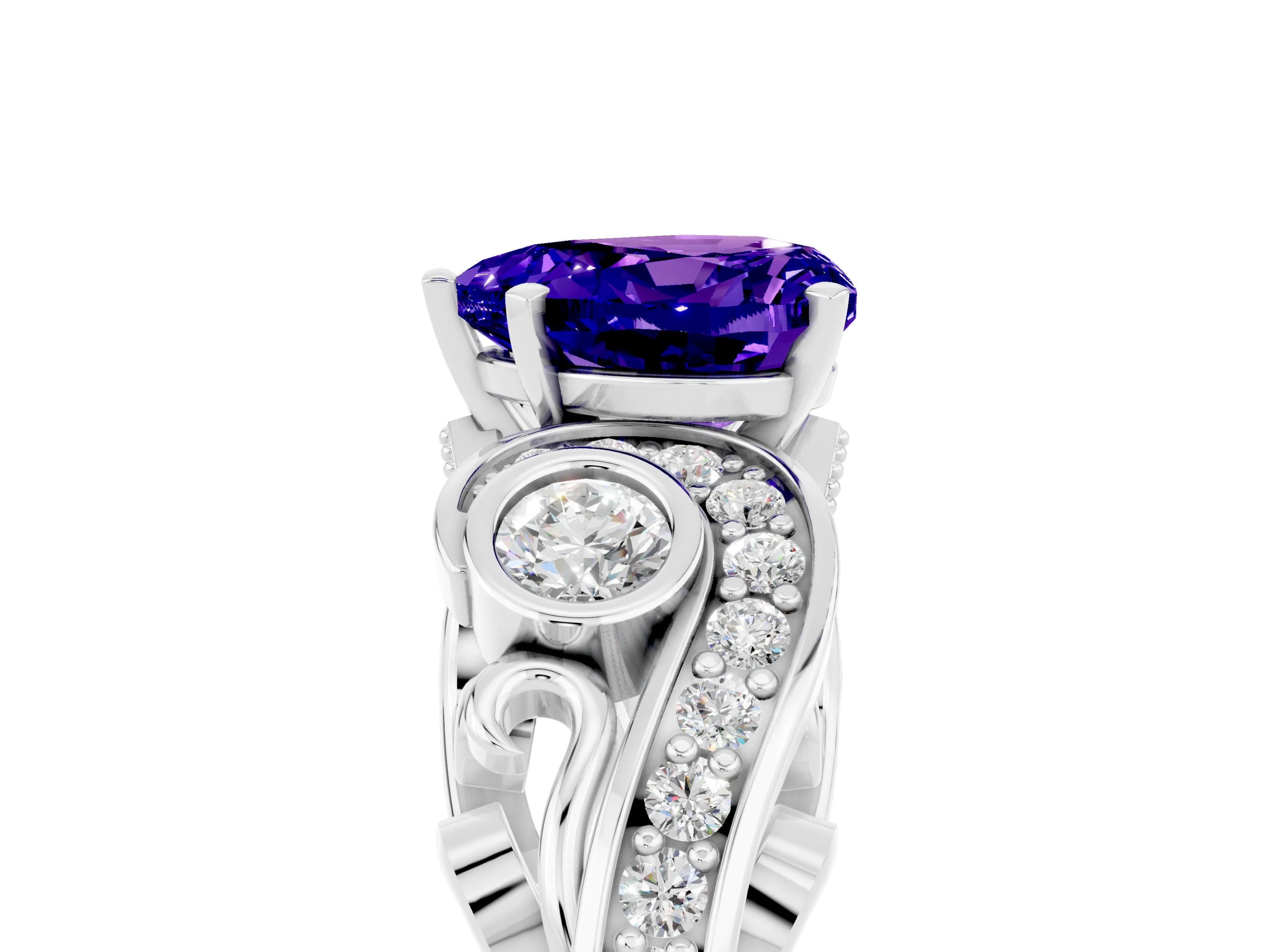 White gold Heart Cut Tanzanite Solitaire Ring with Milgrain Pavé Band and Four-Prong Setting_17