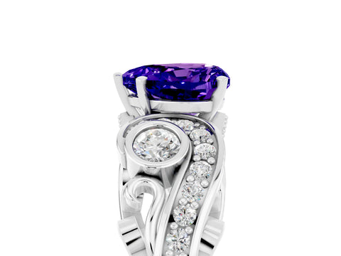 White gold Heart Cut Tanzanite Solitaire Ring with Milgrain Pavé Band and Four-Prong Setting_17