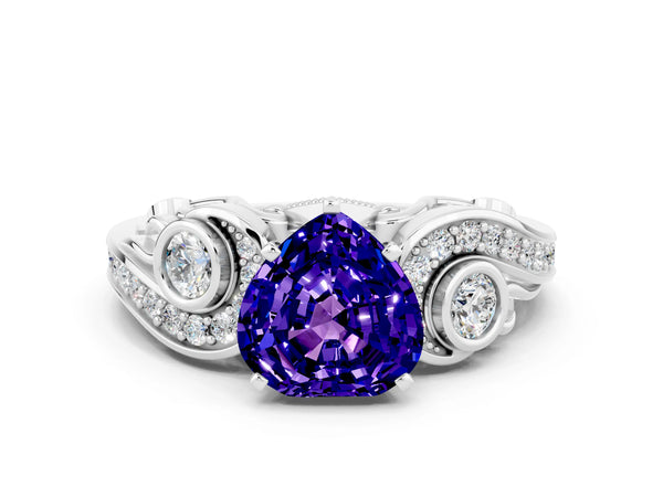 White gold Heart Cut Tanzanite Solitaire Ring with Milgrain Pavé Band and Four-Prong Setting