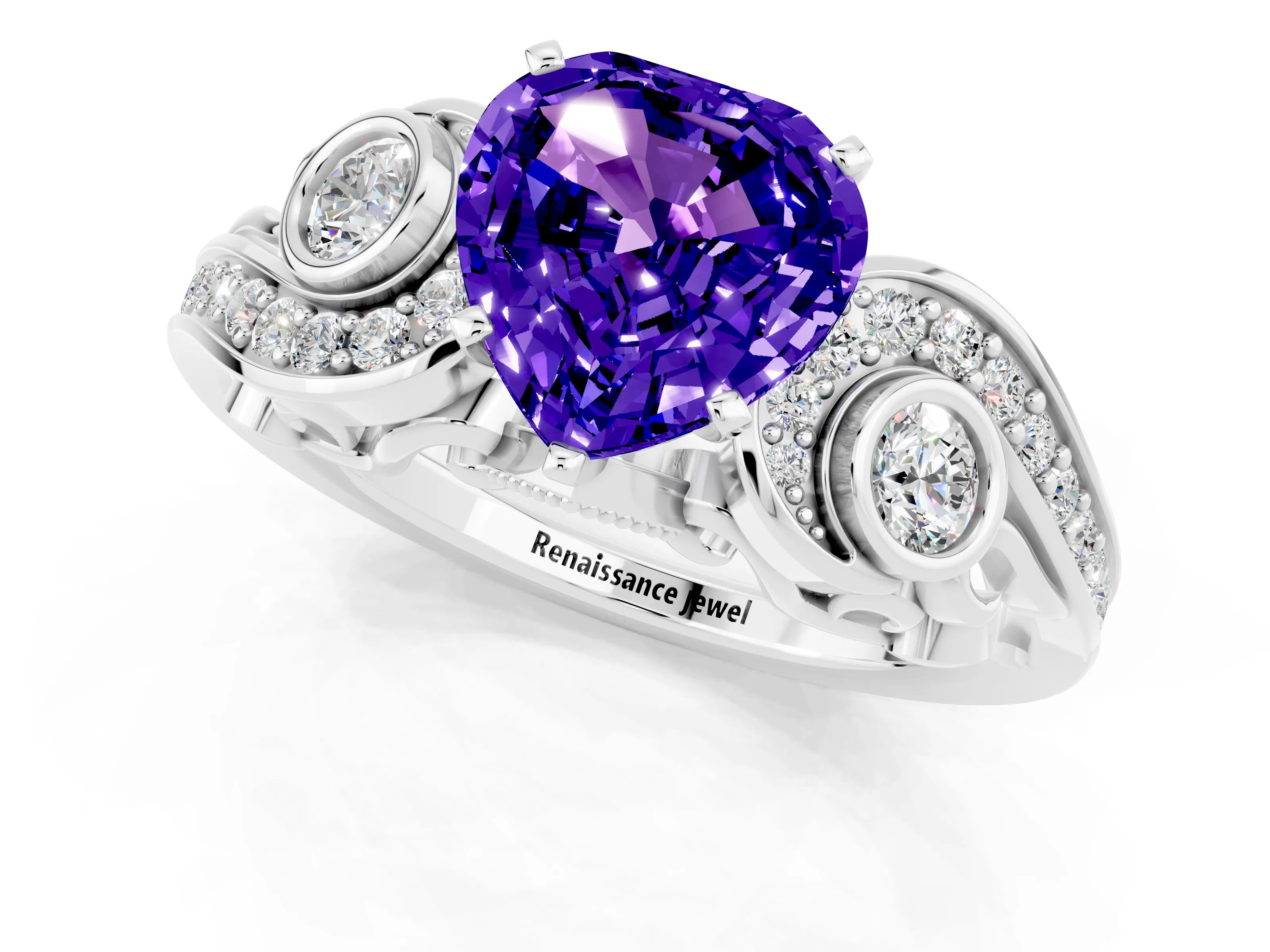 White gold Heart Cut Tanzanite Solitaire Ring with Milgrain Pavé Band and Four-Prong Setting_61