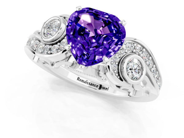 White gold Heart Cut Tanzanite Solitaire Ring with Milgrain Pavé Band and Four-Prong Setting