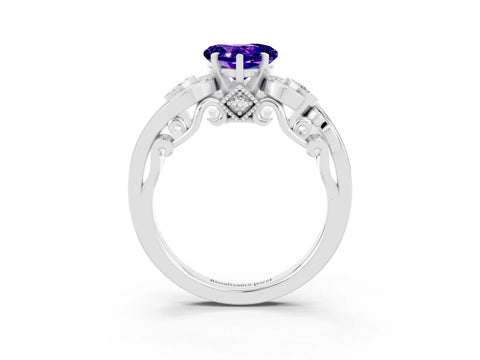 White gold Heart Cut Tanzanite Solitaire Ring with Milgrain Pavé Band and Four-Prong Setting_63